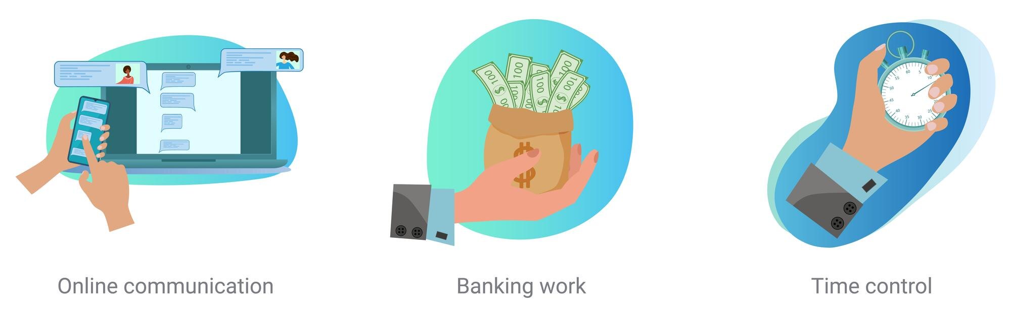 Um conjunto de ilustrações vetoriais sobre um tópico de negócios  comunicação online banking worktime control