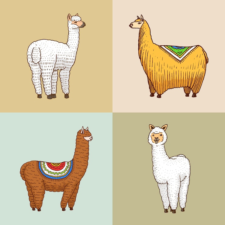 Vetor um conjunto de imagens de lhamas e um camelo.