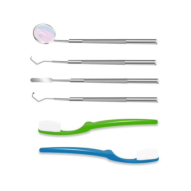 Um conjunto de instrumentos para estamatologia Conjunto de ferramentas com escovas de dentes Vetor realista