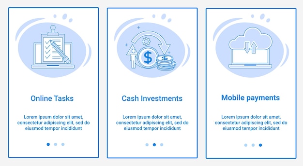 Um conjunto de interfaces de ui e ux o tópico é tarefas online investimentos em dinheiro e downloads na nuvem