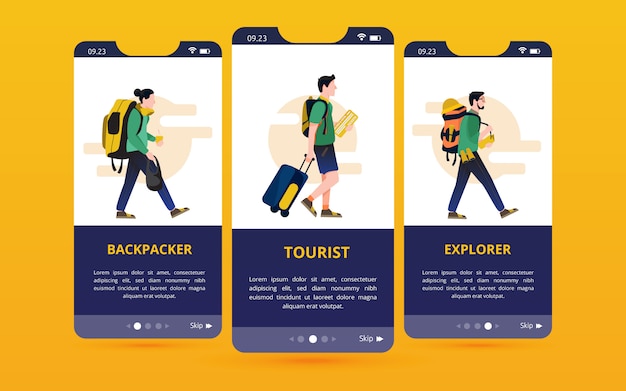 Um conjunto de interfaces de usuário de tela com ilustrações do tipo viajante