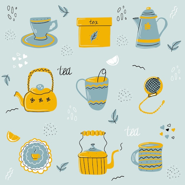 um conjunto de itens de chá para design de educação de decoração de decoração