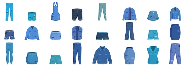 Vetor um conjunto de itens de roupa azul, incluindo calças curtas, calças e jaquetas.