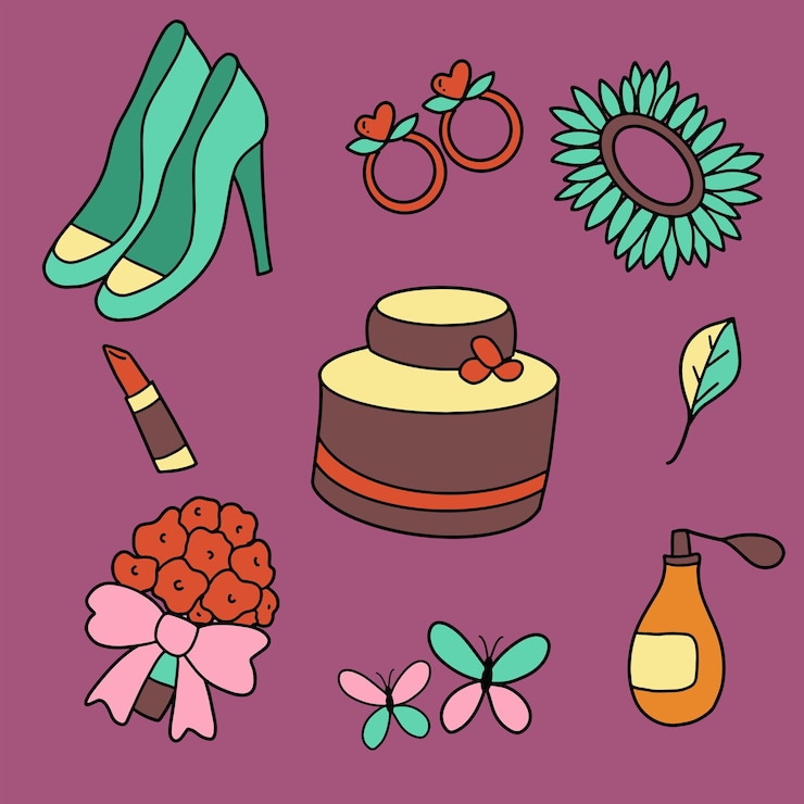Vetor um conjunto de itens diferentes para o dia do casamento em fundo roxo
