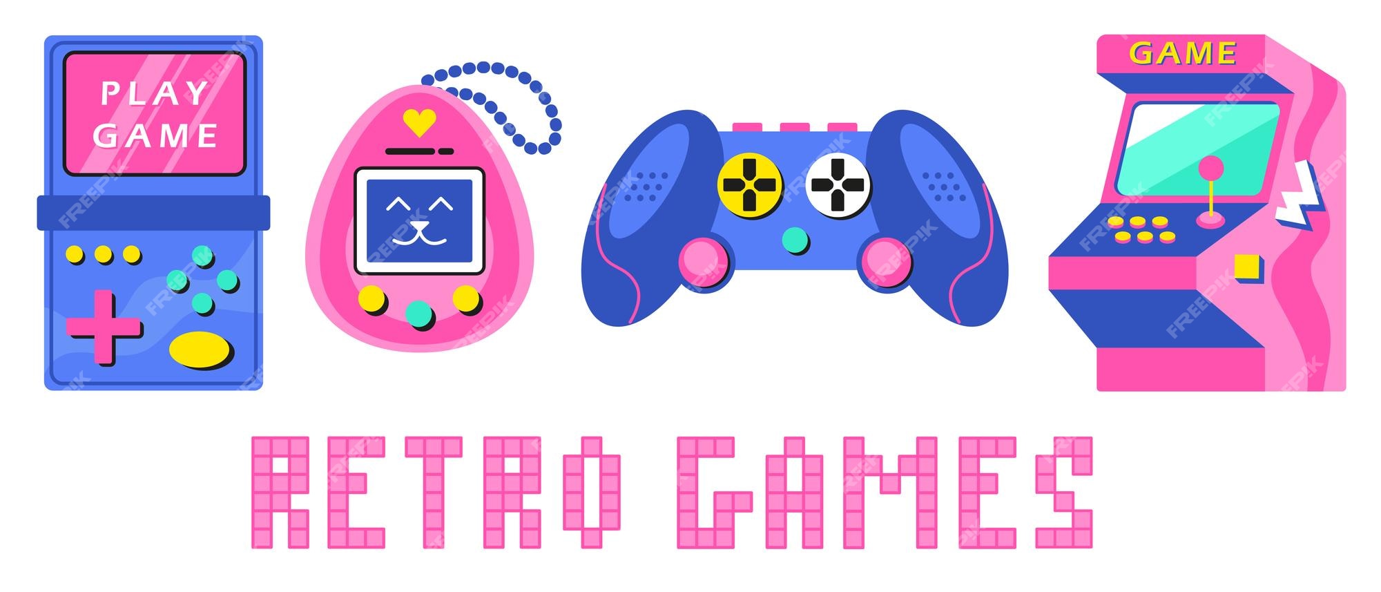 Um conjunto de jogos retrô dos anos 90, 80. antigos jogos eletrônicos  tamagotchi, joystick, console, arcade