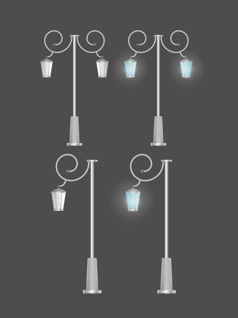 Um conjunto de lanternas metálicas que brilham. poste de luz com luz realista. vetor.