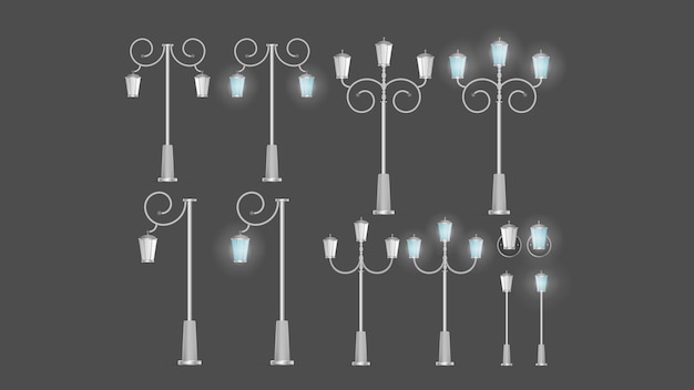 Vetor um conjunto de lanternas metálicas que brilham. poste de luz com luz realista. vetor.