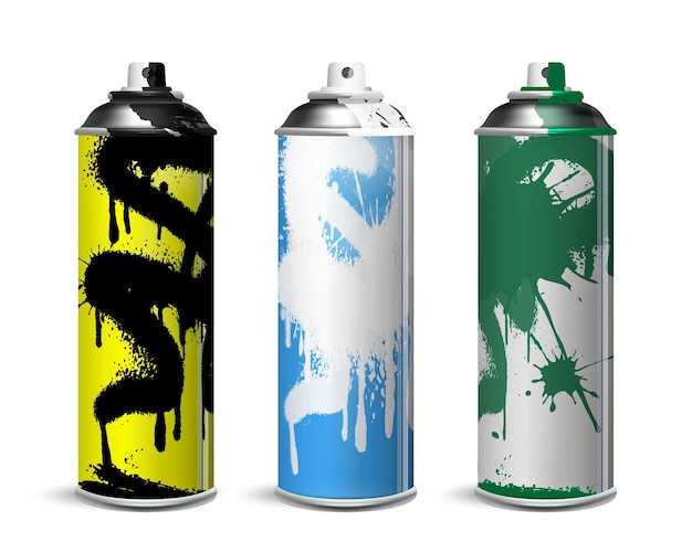 Um conjunto de latas de spray usadas com tinta multicolorida