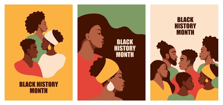 Um conjunto de layouts com afro-americanos homens e mulheres pretos FistBlack História Mês desenho animado fla