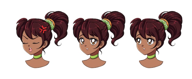 Um conjunto de linda garota anime com diferentes expressões. cabelo escuro, grandes olhos negros.