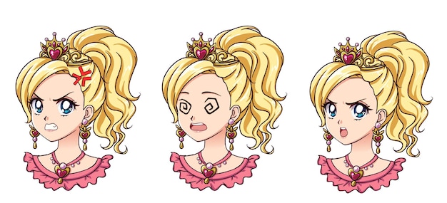 Vetor um conjunto de linda princesa de anime com diferentes expressões. cabelo loiro, grandes olhos azuis, coroa dourada.