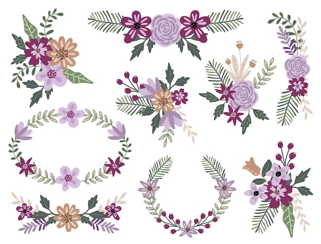 um conjunto de lindos arranjos de flores de primavera clipart de desenho digital