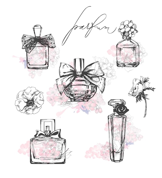 Vetor um conjunto de lindos frascos de perfume feminino perfumetemplate vector