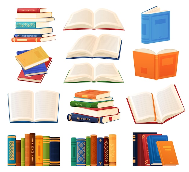 Vetor um conjunto de livros de diferentes tipos. estantes de livros. biblioteca. ilustração vetorial