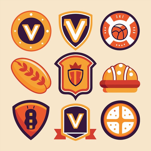 um conjunto de logos para uma pizza e um escudo com um logotipo para a letra v