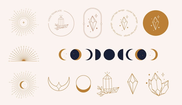 Um conjunto de logotipos de mão feminina Cristal em um estilo linear mínimo Modelo de logotipo místico de cristais solares