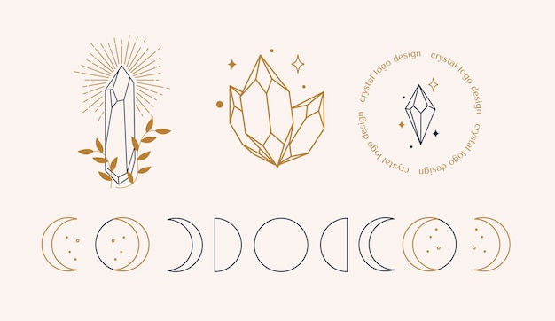 Um conjunto de logotipos em estilo linear Imagens misteriosas delicadas Símbolo místico em estilo minimalista Pedra mágica para práticas espirituais de magia étnica e ritos astrológicos
