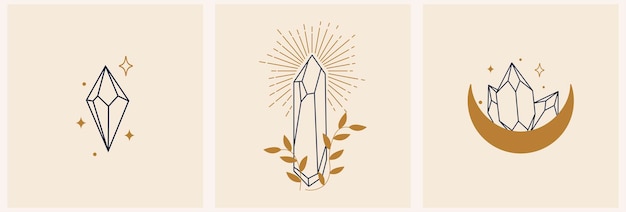 Um conjunto de logotipos em estilo linear Símbolo místico em estilo minimalista Pedra mágica para práticas espirituais de magia étnica e ritos astrológicos