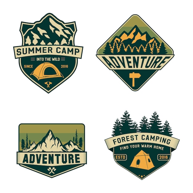 Um conjunto de logotipos para uma aventura de acampamento