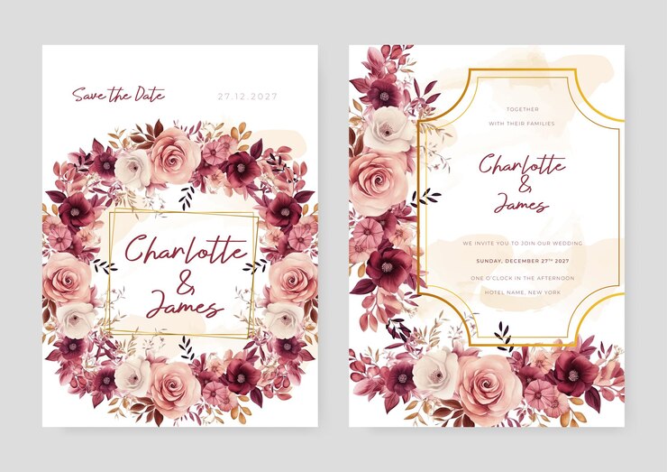 Vetor um conjunto de modelos de convites de casamento vermelho-beige e rosa com formas e bordas florais de flores