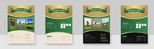 Um conjunto de modelos de design de panfletos de torneios de golfe.