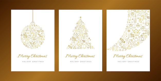 Um conjunto de modelos vetoriais de cartões de saudação de natal feliz decorações de natal ícones lineares com caligrafia