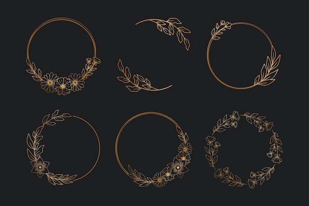 Um conjunto de moldura redonda de ouro elegante com flores e folhas