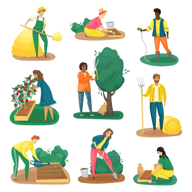 Um conjunto de nove agricultores que desempenham diversas funções no cuidado da horta.