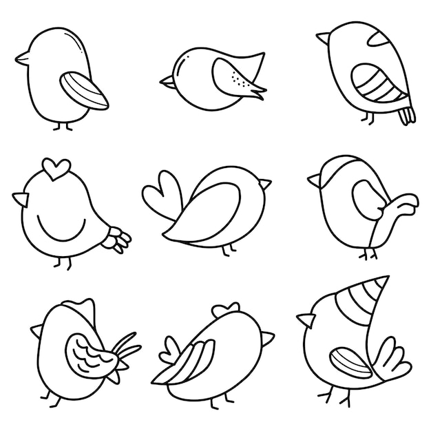 Vetor um conjunto de nove pássaros desenhados à mão
