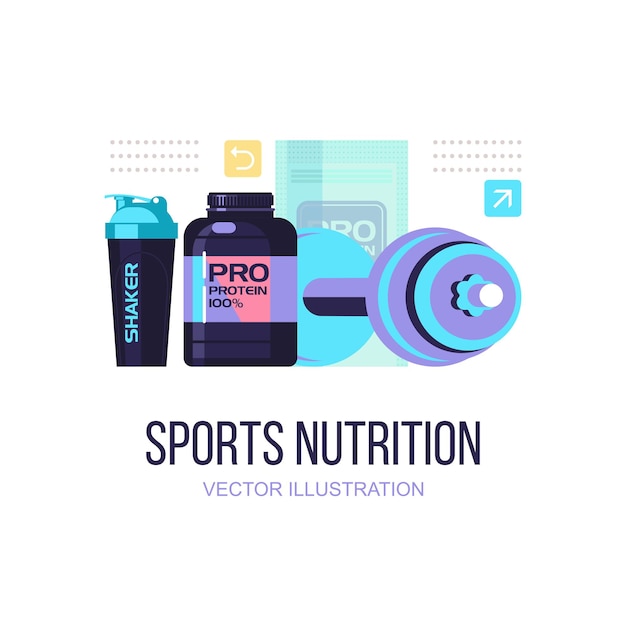 Um conjunto de nutrição esportiva e acessórios para esportes.