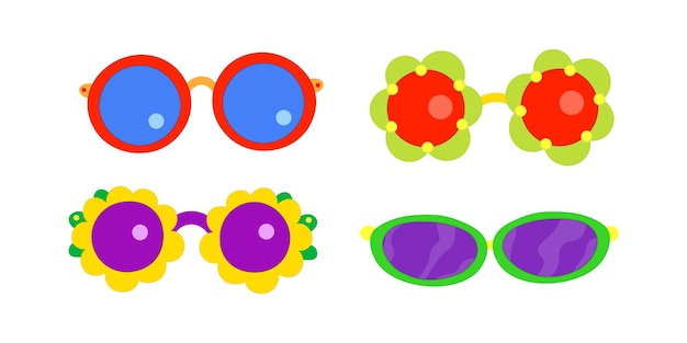 Vetor um conjunto de óculos de sol coloridos com diferentes cores e formas.