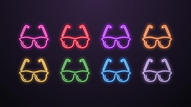 Vetor um conjunto de óculos luminosos brilhantes de néon em cores diferentes em um fundo escuro