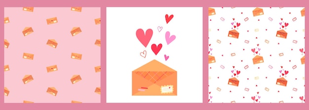 Um conjunto de padrões de vetores e um pôster com cartas de amor em envelopes e corações em um fundo rosa e branco
