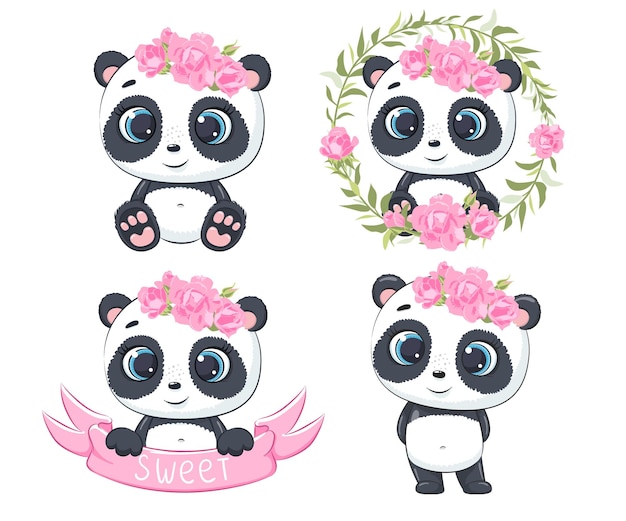 Vetor um conjunto de pandas fofos e doces. ilustração em vetor de um desenho animado.