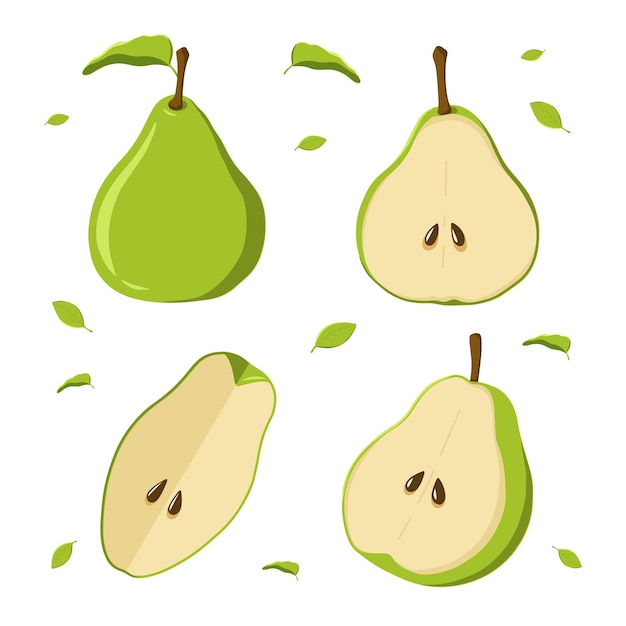 Um conjunto de peras verdes em diferentes posições Frutas inteiras metade ilustração vetorial