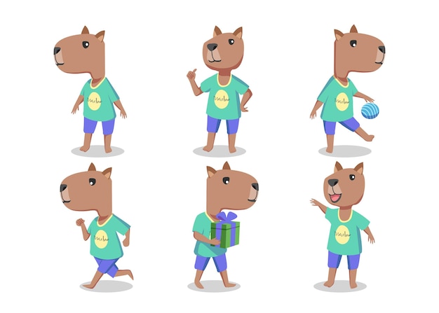 Um conjunto de personagem de desenho animado capivara vestindo uma camisa