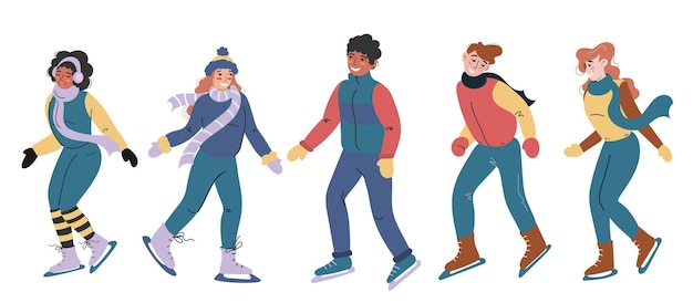 Um conjunto de personagens de diferentes nacionalidades que patinam no inverno. Pessoas em um fundo branco