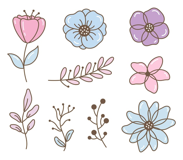 Vetor um conjunto de plantas e folhas de flores de primavera no estilo de desenho animado doodle