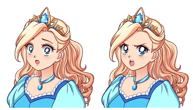 Vetor um conjunto de princesa de anime fofa com diferentes expressões cabelo loiro grandes olhos azuis vestido azul ilustração em vetor de anime retrô desenhada à mão pode ser usado para impressões de emblemas de adesivos de avatar etc