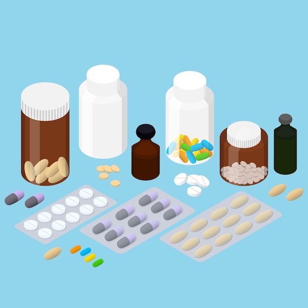 Um conjunto de produtos farmacêuticos. Isométrico plano. Comprimidos medicinais. Comprimidos na embalagem. Frasco de vidro de comprimidos e medicamentos. Vitaminas para crianças. Ilustração vetorial.