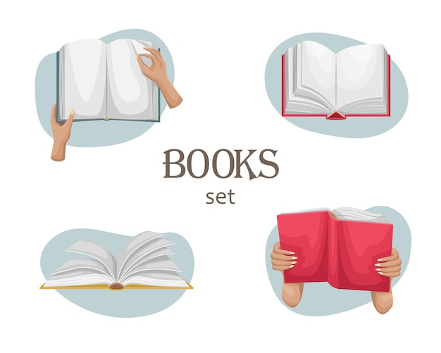 Um conjunto de quatro com um livro aberto. Um homem tem um livro nas mãos.