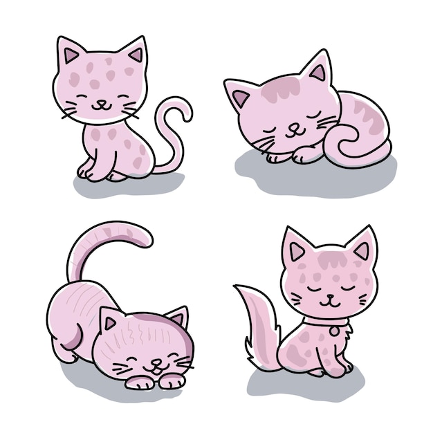 Um conjunto de quatro gatos com cores diferentes de rosa e branco.