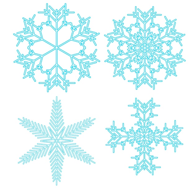 Um conjunto de quatro lindos flocos de neve frios azuis e brilhantes de Natal, ano novo, ilustração vetorial