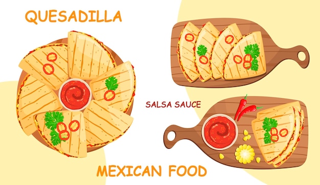 Um conjunto de quesadillas com molho de salsa. Comida mexicana.