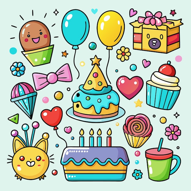 Um conjunto de rabiscos coloridos com temas de aniversário desenhados à mão