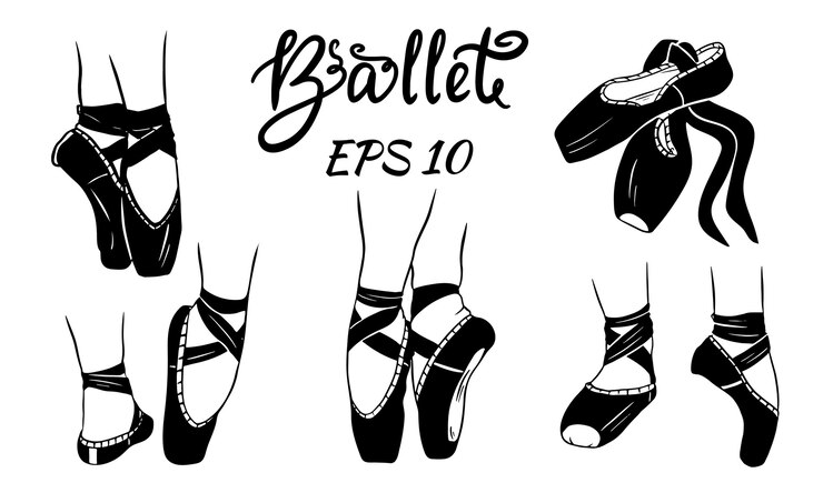 Um conjunto de sapatilhas de balé. Pernas femininas em sapatilhas de balé. Sapatilhas de balé, sapatilhas de ponta.