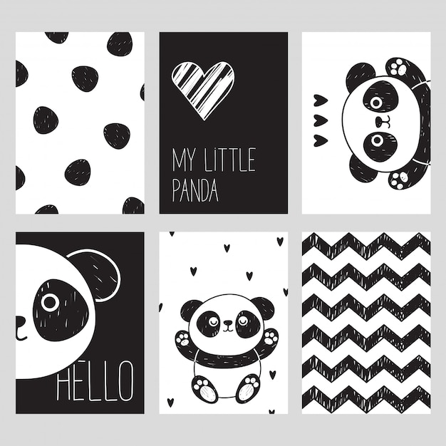 Um conjunto de seis cartões preto e branco com um panda bonito. meu pequeno panda. olá. estilo escandinavo.