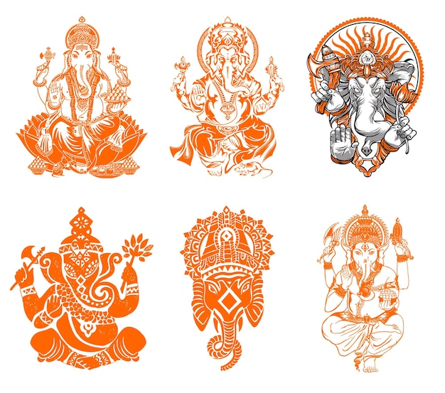 Um conjunto de seis ilustrações das quatro divindades do deus hindu Lord Ganesh