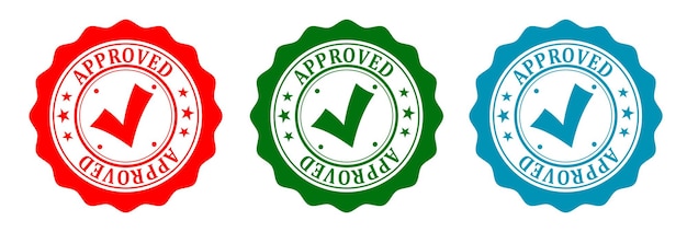 um conjunto de selos vermelhos, azuis e verdes com a palavra "aprovado" é exibido sobre um fundo branco
