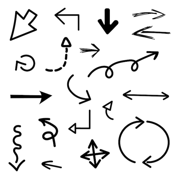 Um conjunto de setas desenhadas à mão de ícones vetoriais desenho de setas para plano de negócios e educação